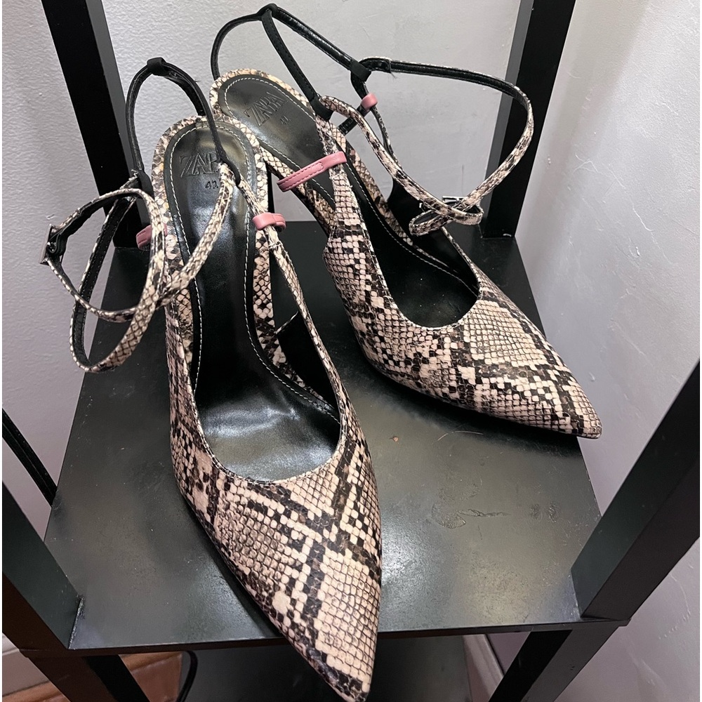 Zara sling back ankle wrap pump. Snakeprint with pink accent straps.
